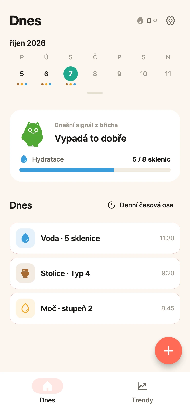Domovská obrazovka bellySignal na Androidu s týdenním kalendářem, stavem střev, plněním pitného režimu a ukázkovými záznamy dne.