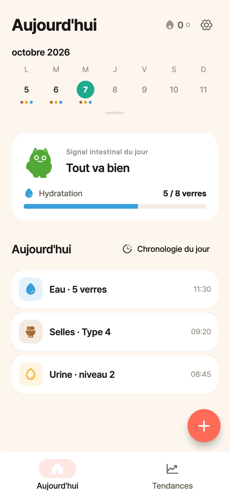 Écran d'accueil de bellySignal sur Android avec un calendrier de la semaine, l'état du transit, la progression de l'hydratation et des exemples de saisies.