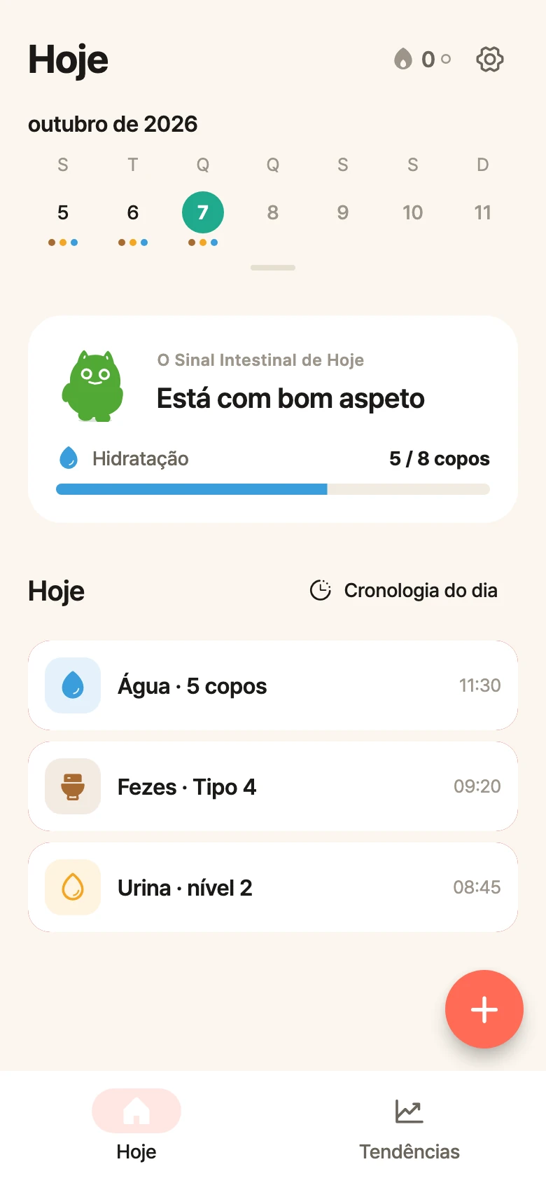 Ecrã inicial do bellySignal no Android com calendário semanal, estado do intestino, progresso da hidratação e registos de exemplo.