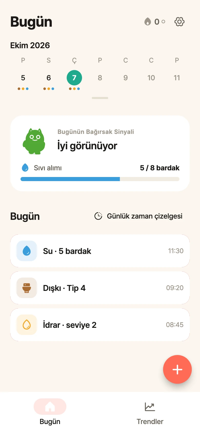 Haftalık takvim, bağırsak durumu, su hedefi ilerlemesi ve örnek günlük kayıtların yer aldığı bellySignal Android ana ekranı.